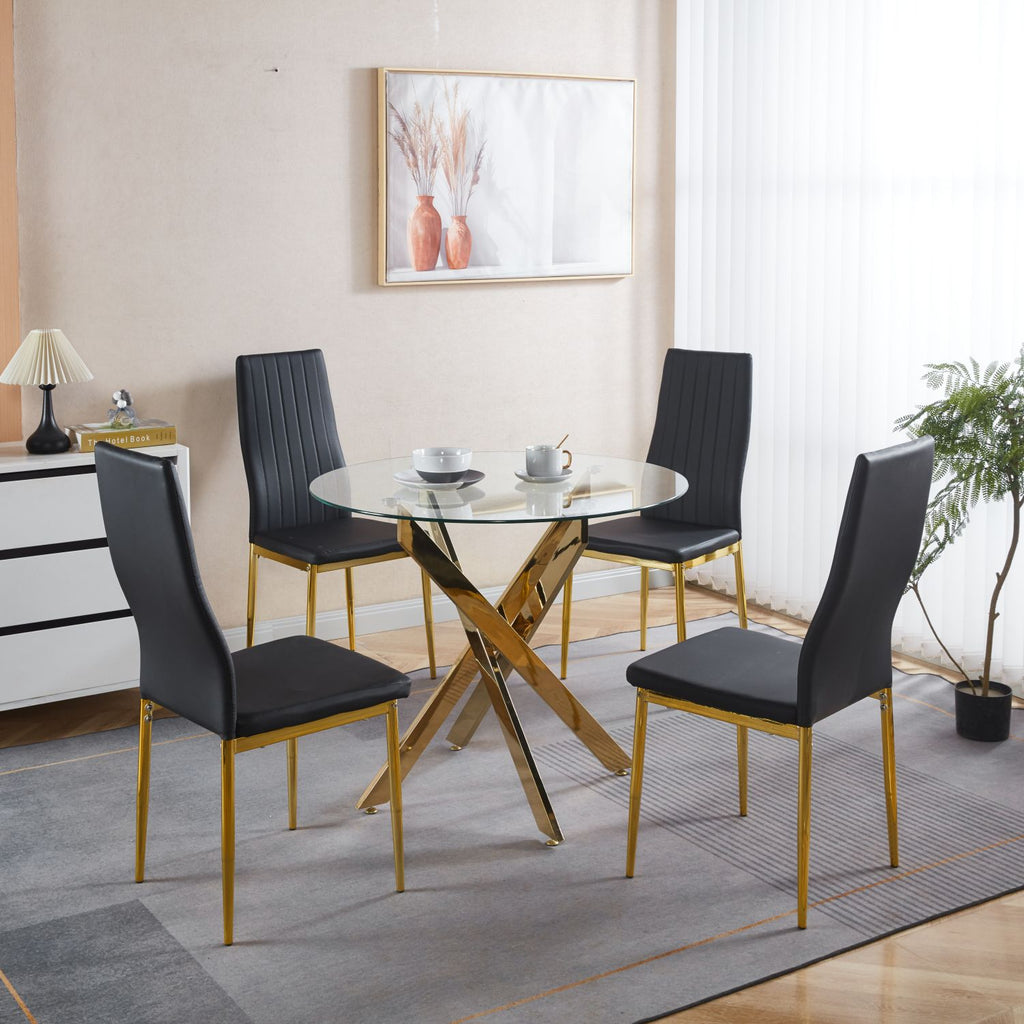 1+4,5pieces dining set, Table metal leg Mid-century Dining Table for 4-6 people With Glass Table Top, Pedestal Dining Table, End Table Leisure Coffee Table.