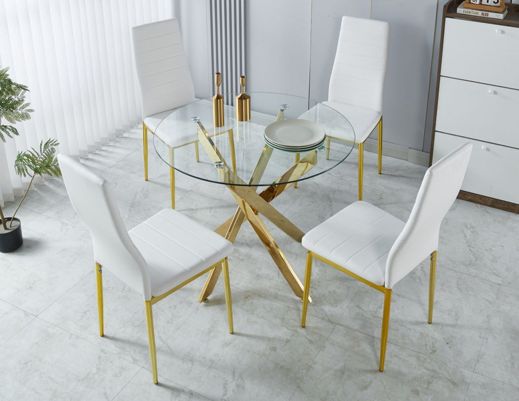 1+4,5pieces dining set, Table metal leg Mid-century Dining Table for 4-6 people With Glass Table Top, Pedestal Dining Table, End Table Leisure Coffee Table