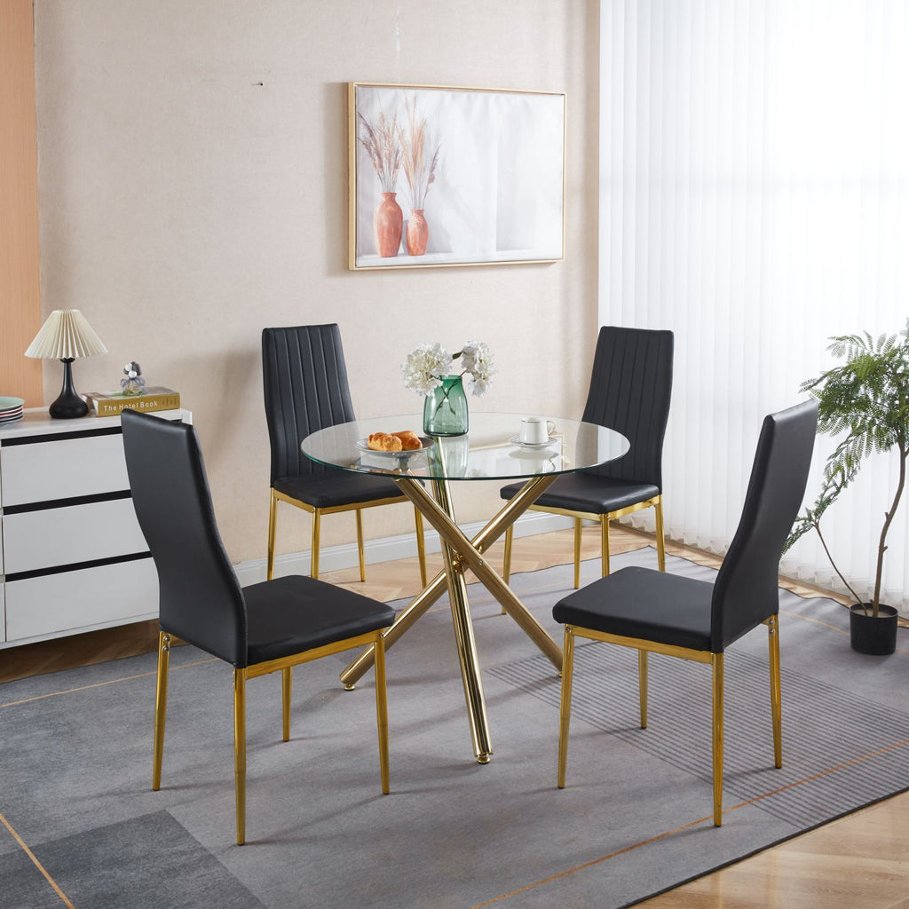 1+4,5pieces dining set, Table metal leg Mid-century Dining Table for 4-6 people With Glass Table Top, Pedestal Dining Table, End Table Leisure Coffee Table.