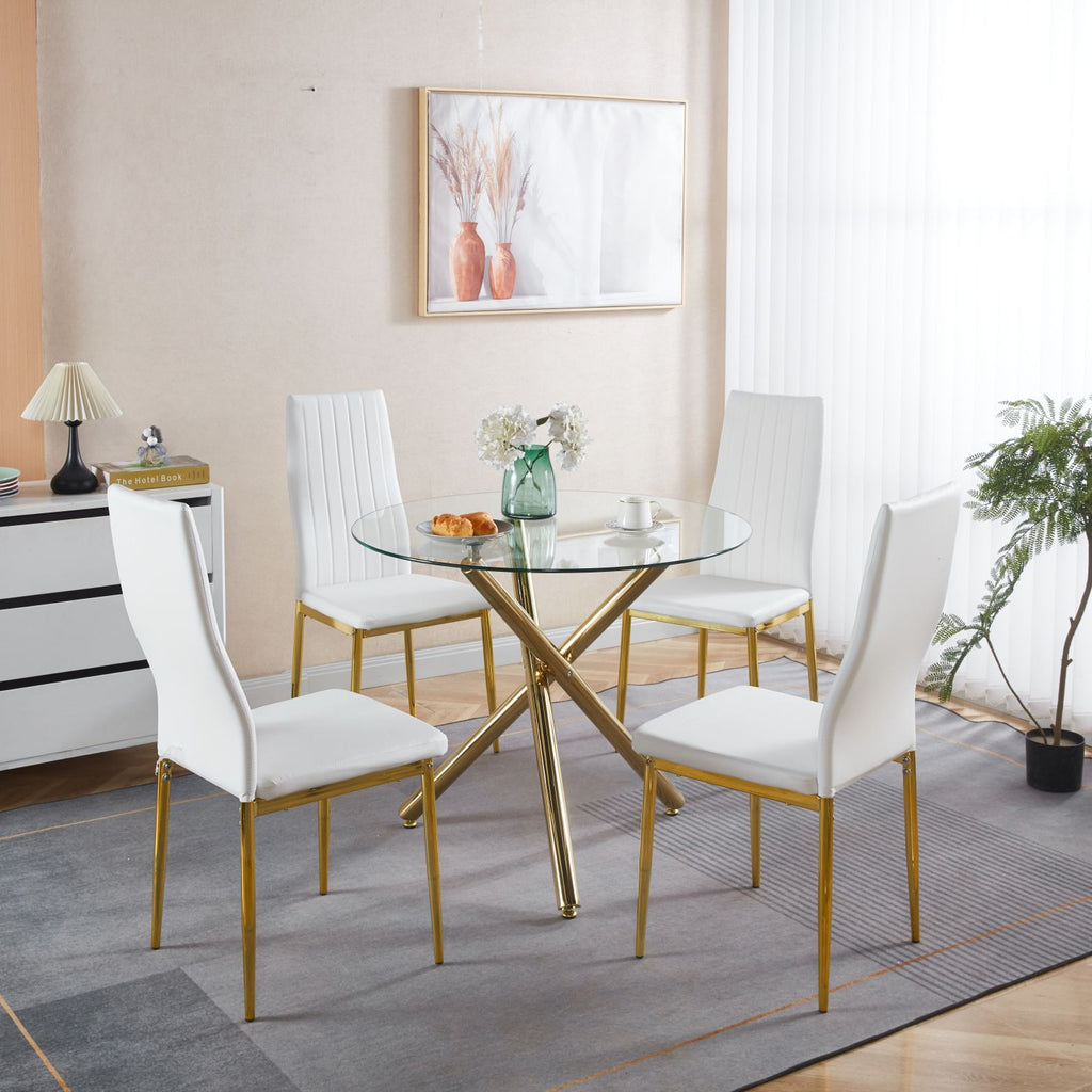 1+4,5pieces dining set, Table metal leg Mid-century Dining Table for 4-6 people With Glass Table Top, Pedestal Dining Table, End Table Leisure Coffee Table.