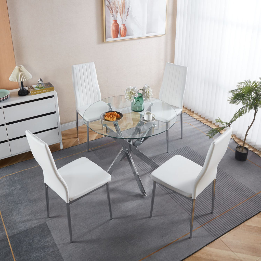 1+4,5pieces dining set, Table metal leg Mid-century Dining Table for 4-6 people With Glass Table Top, Pedestal Dining Table, End Table Leisure Coffee Table.