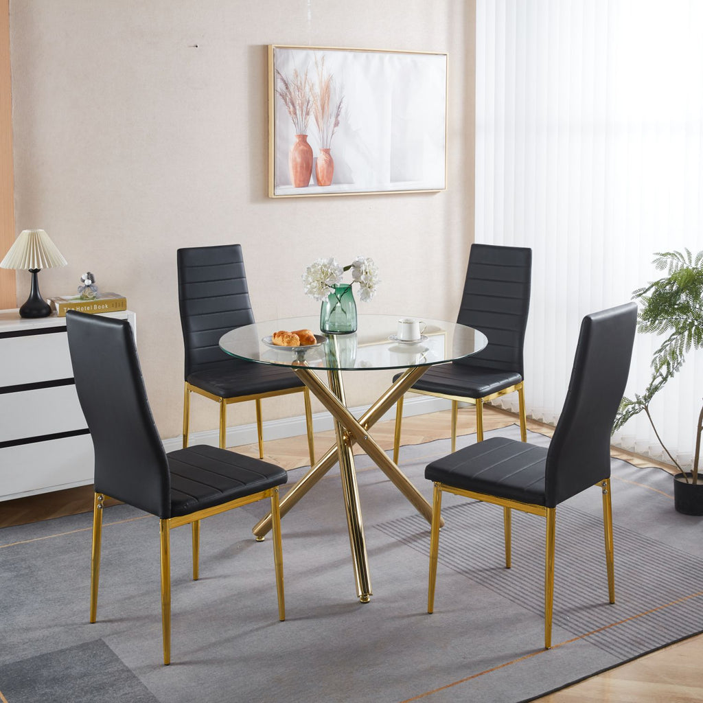 1+4,5pieces dining set, Table metal leg Mid-century Dining Table for 4-6 people With Glass Table Top, Pedestal Dining Table, End Table Leisure Coffee Table.