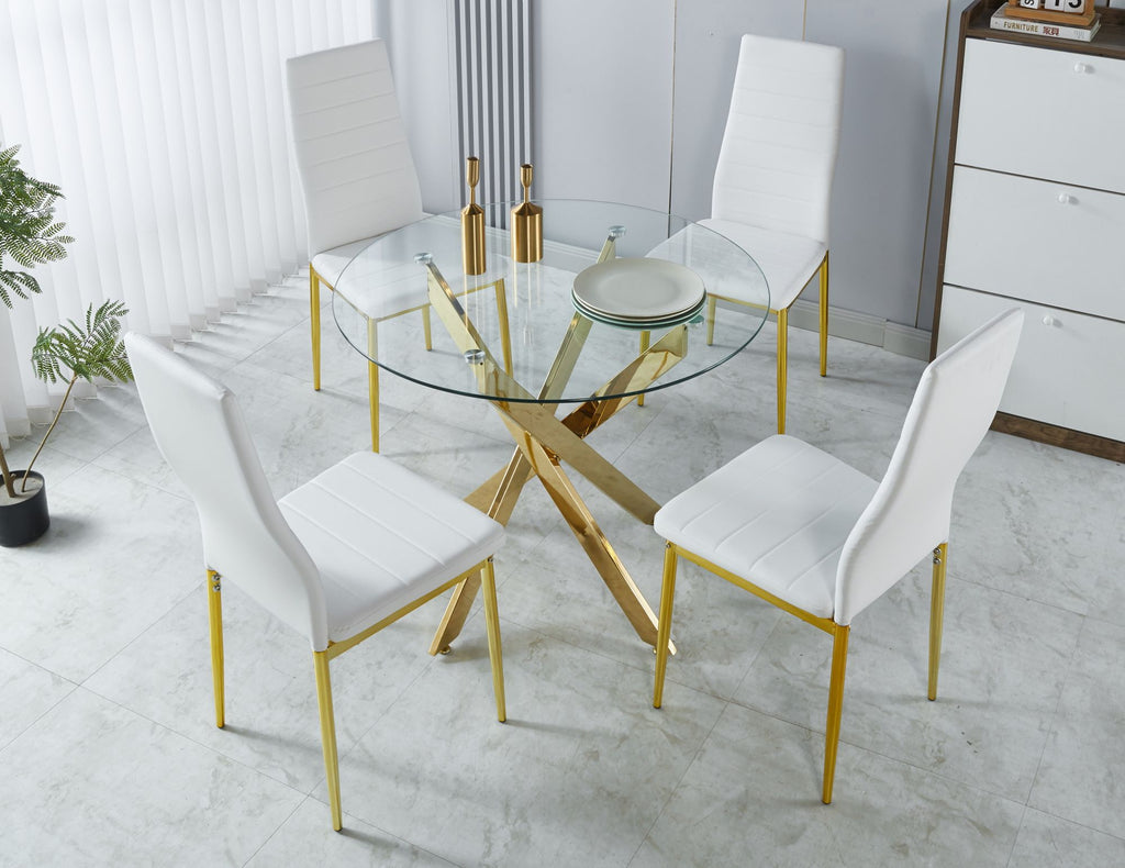 1+4,5pieces dining set, Table metal leg Mid-century Dining Table for 4-6 people With Glass Table Top, Pedestal Dining Table, End Table Leisure Coffee Table