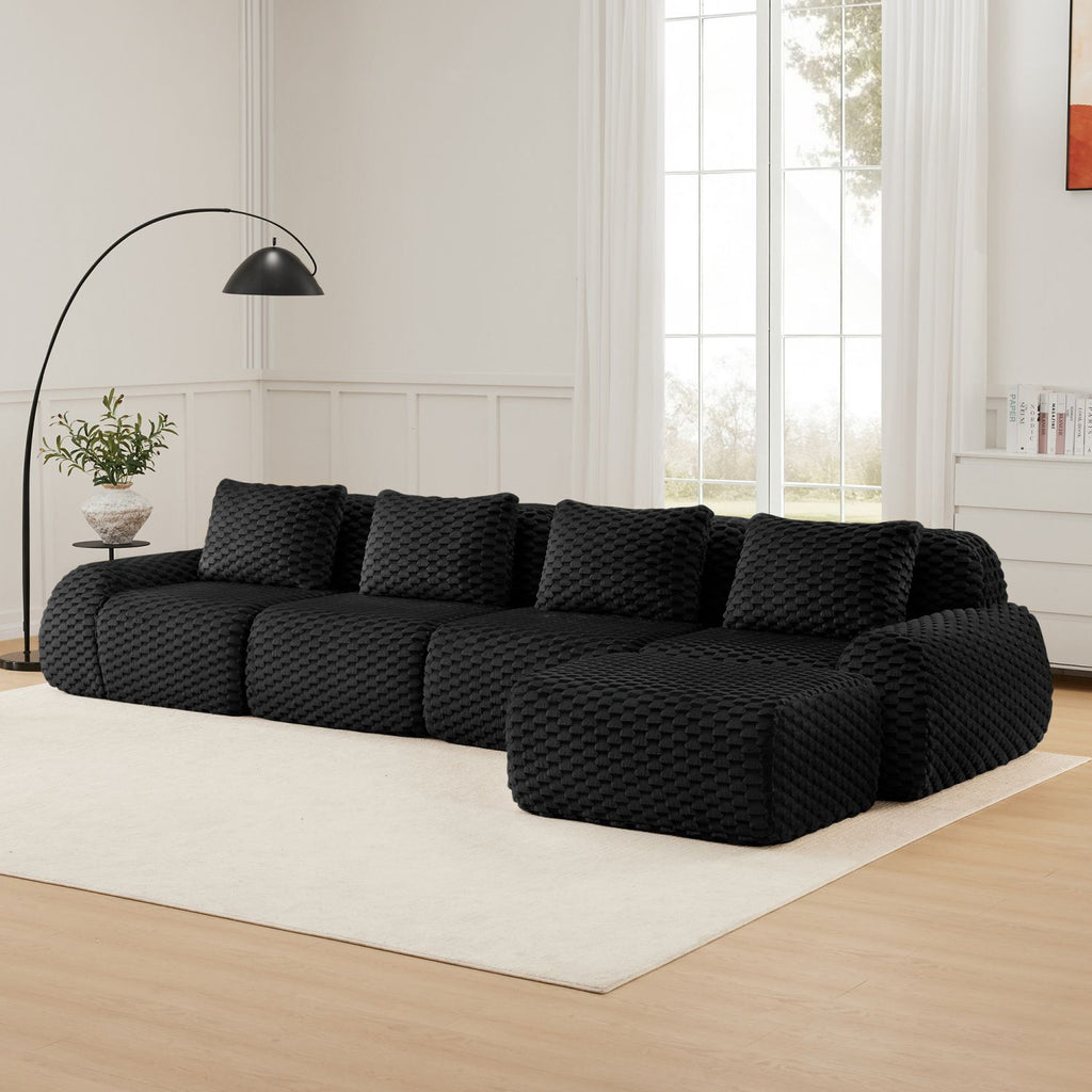 146" Modern L-Shaped Modular Sectional Sofa for Living Room,Flannelette Fabric,Oversized 4-Seater Couch,Deep Seat,Boneless sofa,Movable Ottoman,Buckle connection,Anti-slip Design,No Assembly,Black