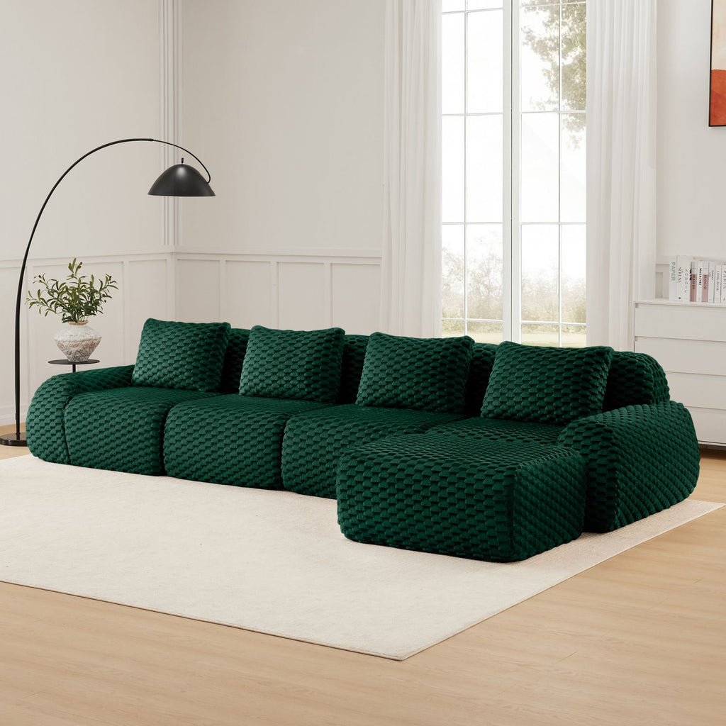 146" Modern L-Shaped Modular Sectional Sofa for Living Room,Flannelette Fabric,Oversized 4-Seater Couch,Deep Seat,Boneless sofa,Movable Ottoman,Buckle connection,Anti-slip Design,No Assembly,Green