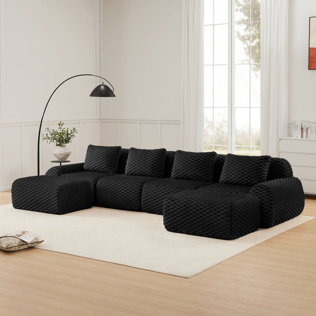 146" Modern U-Shaped Modular Sectional Sofa for Living Room,Flannelette Fabric,Oversized 4-Seater Couch,Deep Seat,Boneless sofa,Movable Ottoman,Buckle connection,Anti-slip Design,No Assembly,Black