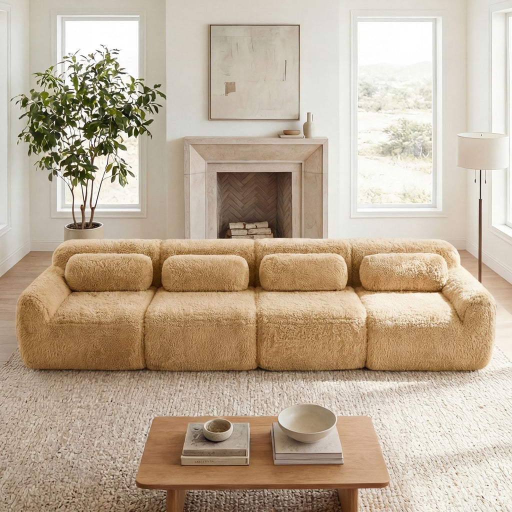 149'' Soft And Fluffy Plush Fabric,Boneless Sofa,32D High Density Sponge Ergonomic Design,Full-compression Vacuum Packaging,Free Combination Buckle Connection For Bedroom,Home Theater,Light Khaki