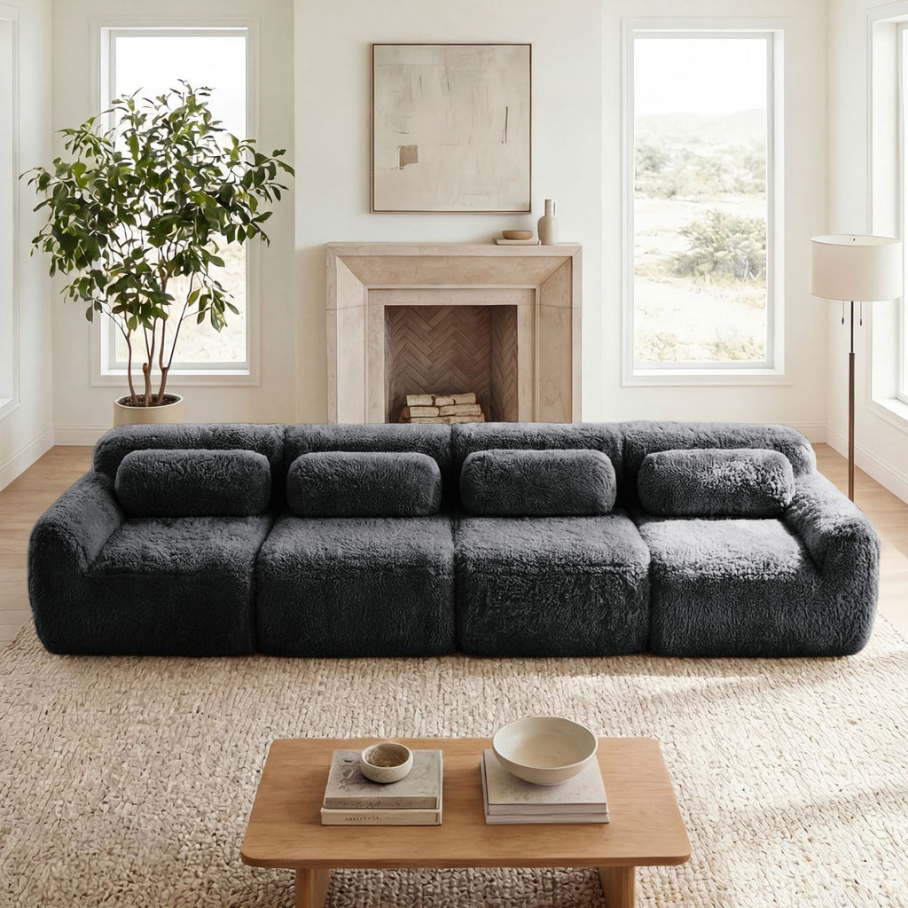 149'' Soft And Fluffy Plush Fabric,Boneless Sofa,32D High Density Sponge Ergonomic Design,Full-compression Vacuum Packaging,Free Combination Buckle Connection For Bedroom,Study,Home Theater,Dark Grey