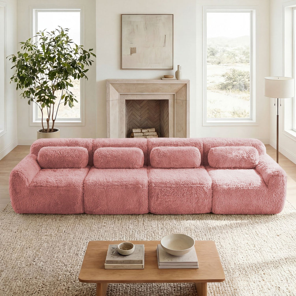 149'' Soft And Fluffy Plush Fabric,Boneless Sofa,32D High Density Sponge Ergonomic Design,Full-compression Vacuum Packaging,Free Combination Buckle Connection For Bedroom,Study,Home Theater,Pink
