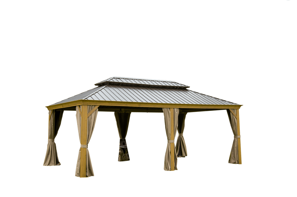 14x20FT Hardtop Gazebo, Permanent Metal Gazebo with Galvanized Steel Double Roof and Aluminum Frame, Curtain and Netting, Large Pavilion Gazebo, Wood Looking