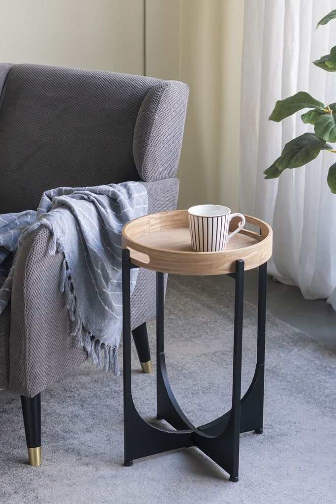 15x15x22" Brown Tray-Top Table with Black Geometric Base