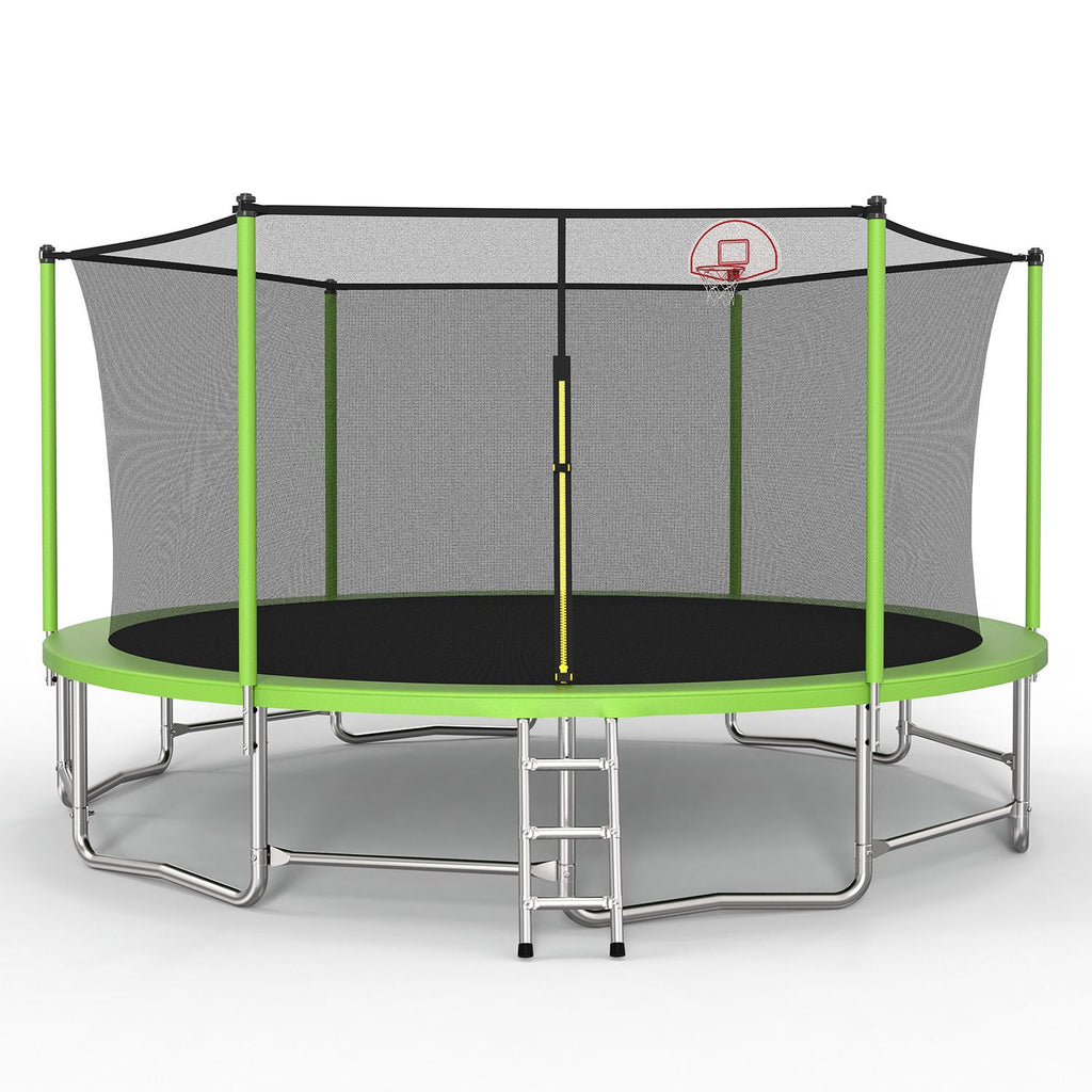 16FT Trampoline with Balance Bar & Basketball Hoop&Ball, ASTM Approved Reinforced Type Outdoor Trampoline with Enclosure Net