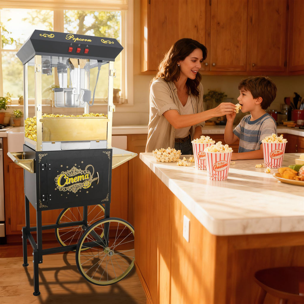 16Oz Commercial Popcorn Machine With Cart and 16 Oz Kettle , Movie Theater Popcorn Machine, Black Golden Pop Corn Machine with 3-Switch Control,Stainless Steel & Tempered Glass Design.