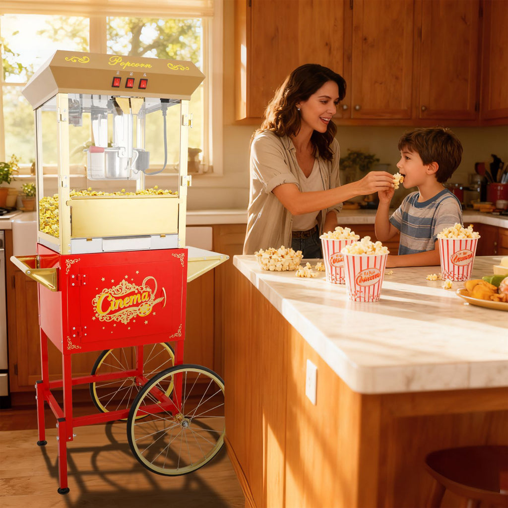 16Oz Commercial Popcorn Machine With Cart and 16 Oz Kettle , Movie Theater Popcorn Machine, Red Golden Pop Corn Machine with 3-Switch Control & Steel Frame Tempered Glass Doors