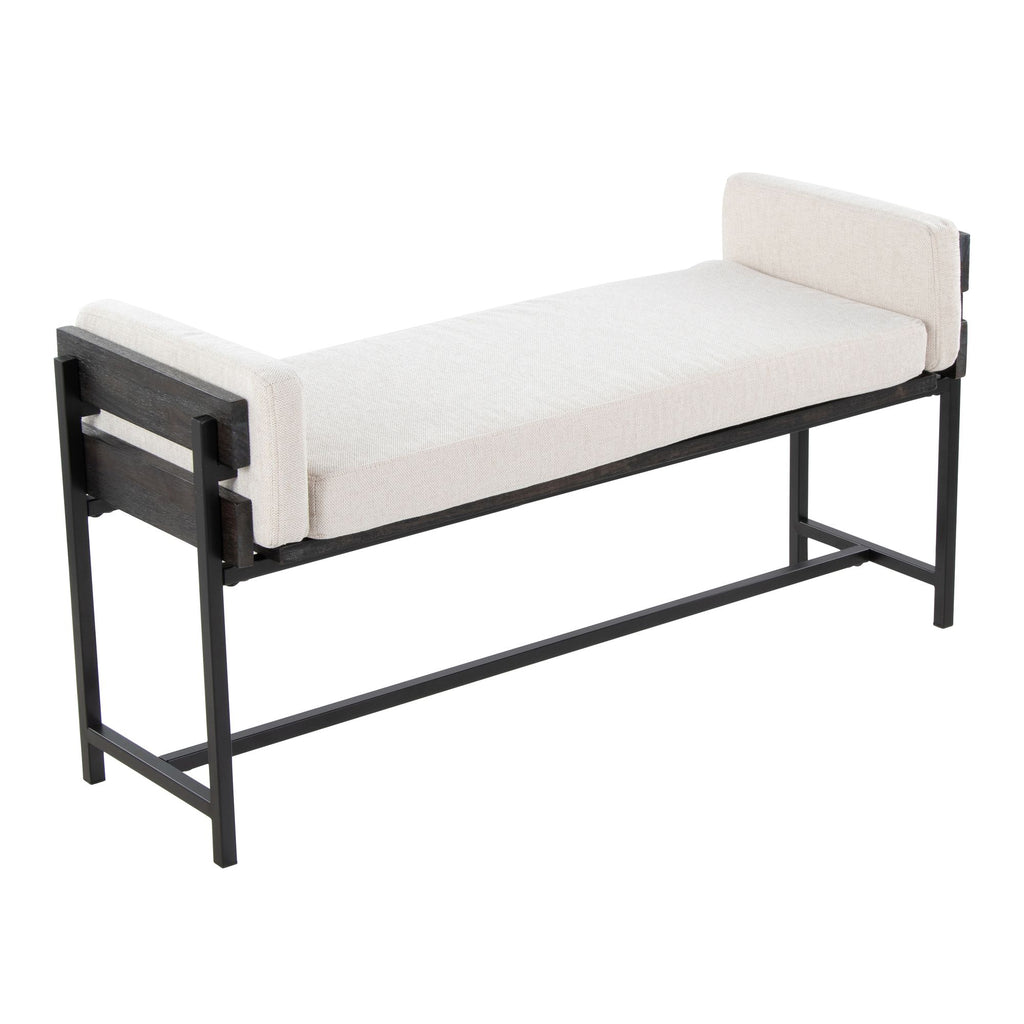 18" Bench with Black Metal, Grey Wood and Cream Fabric