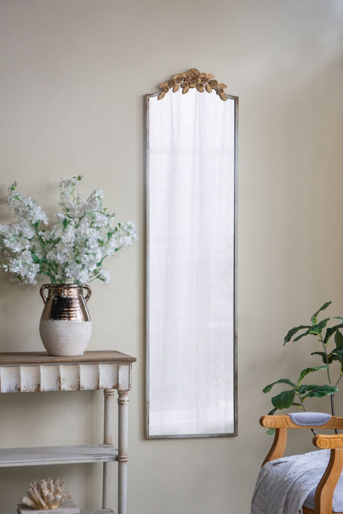 18.1x1.6x70.9" Large Rectangular Full-Length Mirror with Distressed Ivory Frame and Gold Floral Crown