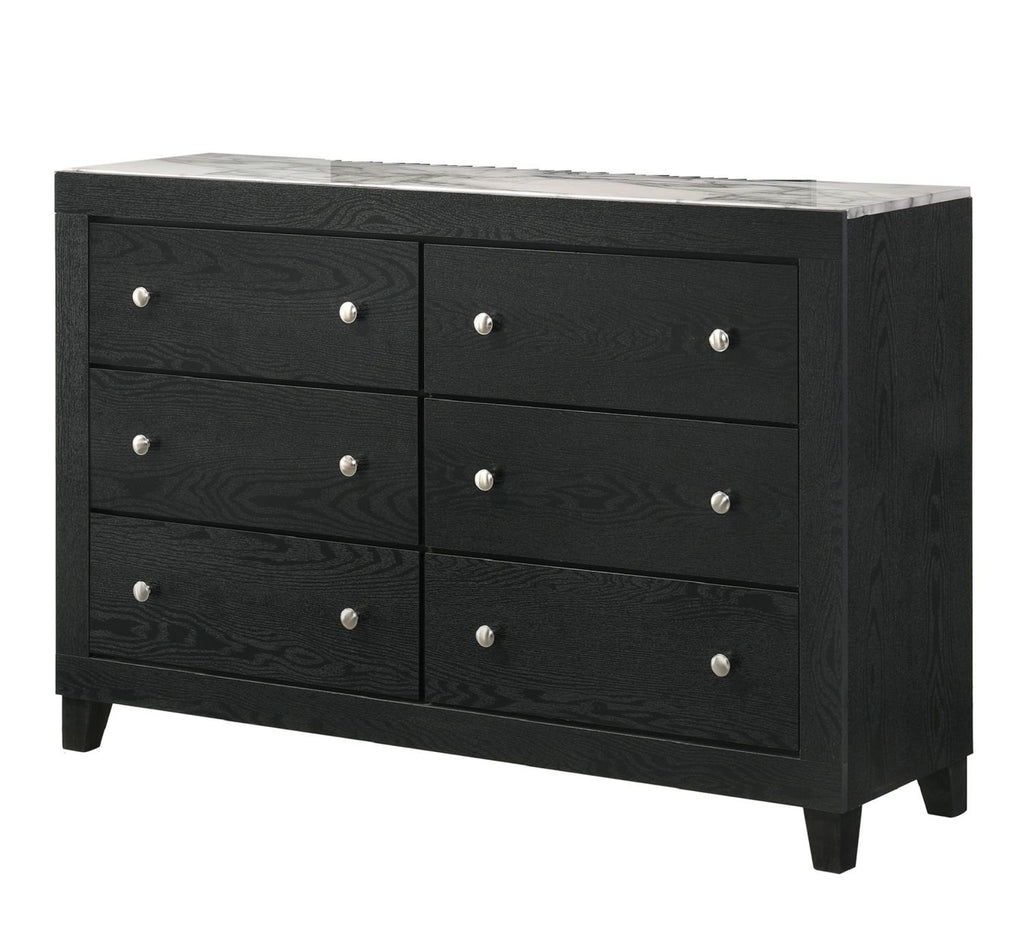 1pc Contemporary Modern White Faux Marble Top 6 Drawers Dresser Black Finish Bedroom Furniture