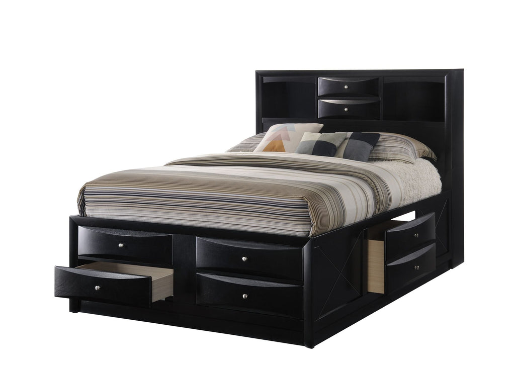 1pc Contemporary Queen Captain's Platform Bed Bookcase Shelves Headboard Side Storage Solid Wood Wooden Bedroom Furniture Black Finish