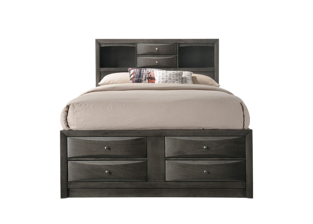 1pc Contemporary Queen Captain's Platform Bed Bookcase Shelves Headboard Side Storage Solid Wood Wooden Bedroom Furniture Grey Finish
