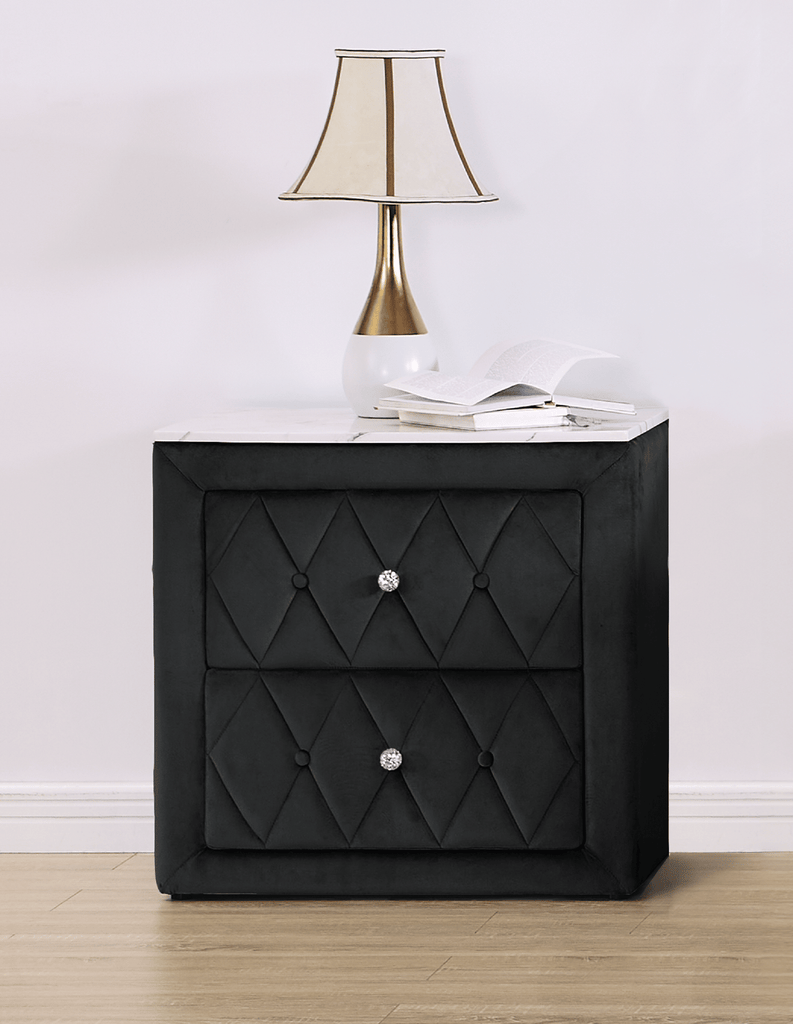 1pc Faux Marble Top Nightstand 2- Drawers Storage Gray Finish Button Tufted Faux Crystal Tufted