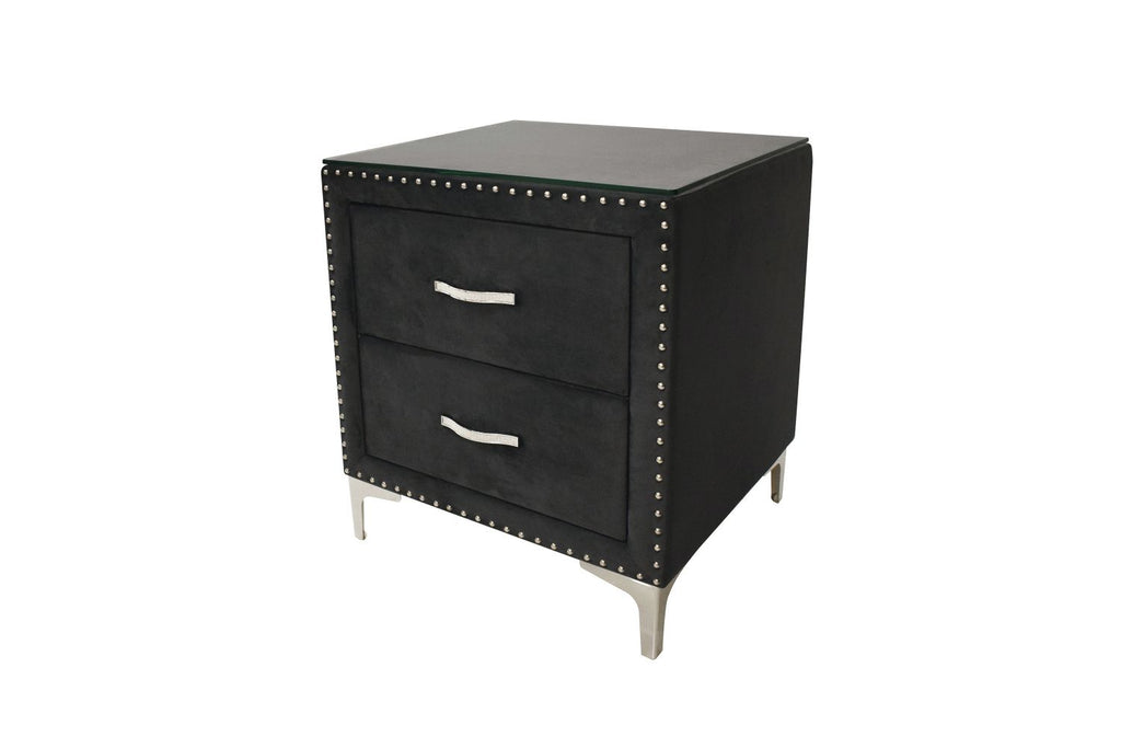 1pc Glam Style Two Drawers Nightstand Fabric Upholstered Nailhead Tufted Tempered Glass Wood Metal Fabric Bedroom Furniture
