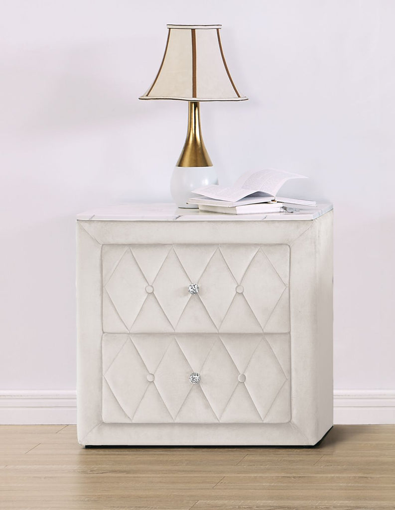1pc Ivory Nightstand Upholstery Fabric Faux Marble Top Two Storage Drawers Wooden Bedroom Furniture