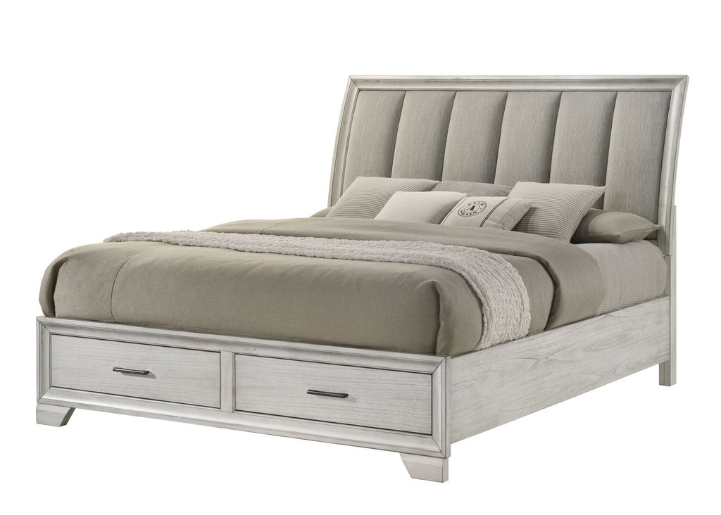 1pc King Storage Platform Bed Upholstered Ultra-plush Headboard Two Footboard Storage Drawers Solid Wood White Mist