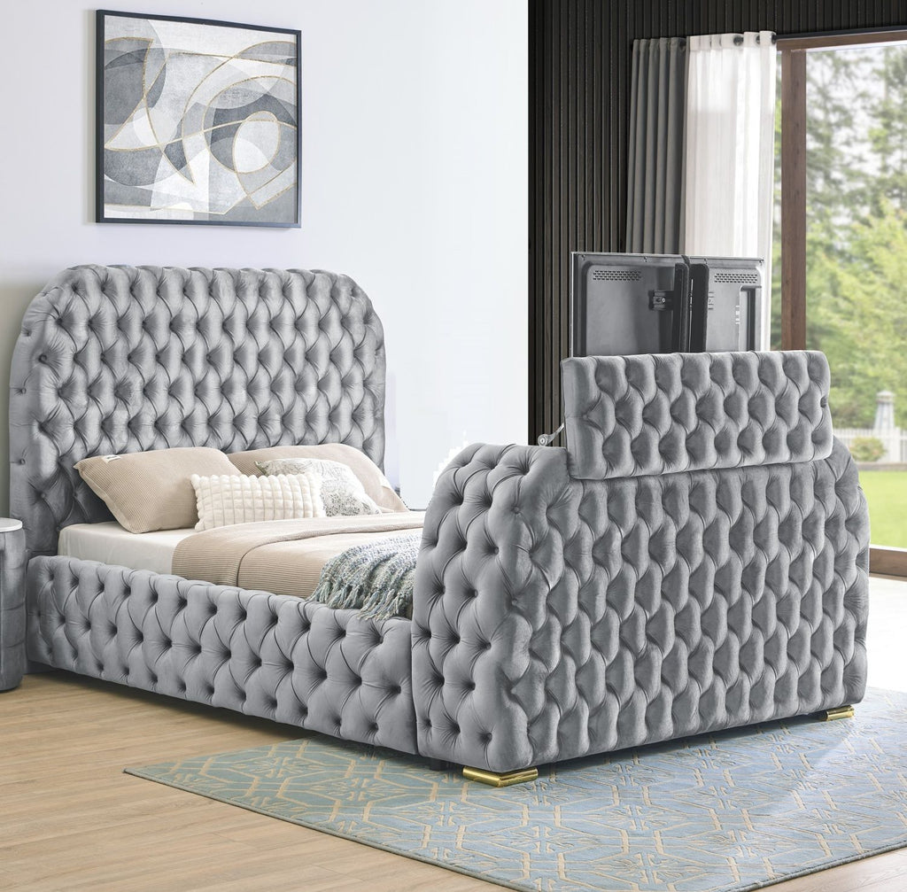 1pc Luxurious Comfort Innovative Design King Bed Deeply Tufted Headboard Upholstered Gray Velvet Television Lift Built-in Electric Fireplace Bedroom Furniture