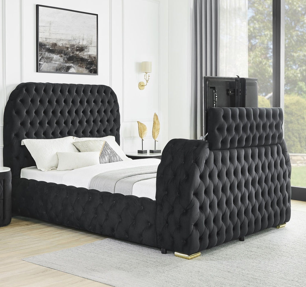 1pc Luxurious Comfort Innovative Design Queen Bed Deeply Tufted Headboard Upholstered Black Velvet Television Lift Built-in Electric Fireplace Bedroom Furniture