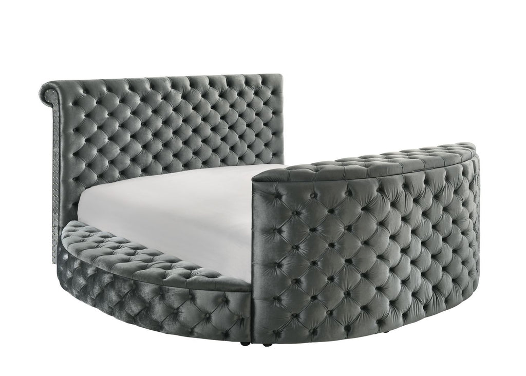 1pc Luxurious King Size Bed Deeply Tufted Headboard Nail Head Trim Upholstered Sumptuous Grey Velvet Footboard w Integrated Television Lift Mechanism Built-in Electric Fireplace Storage Furniture