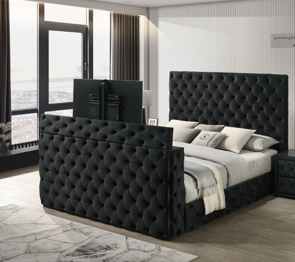 1pc Luxurious Queen Size Bed Deeply Tufted Headboard Nail Head Trim Upholstered Black Velvet Footboard Integrated Television Lift Mechanism Storage Furniture