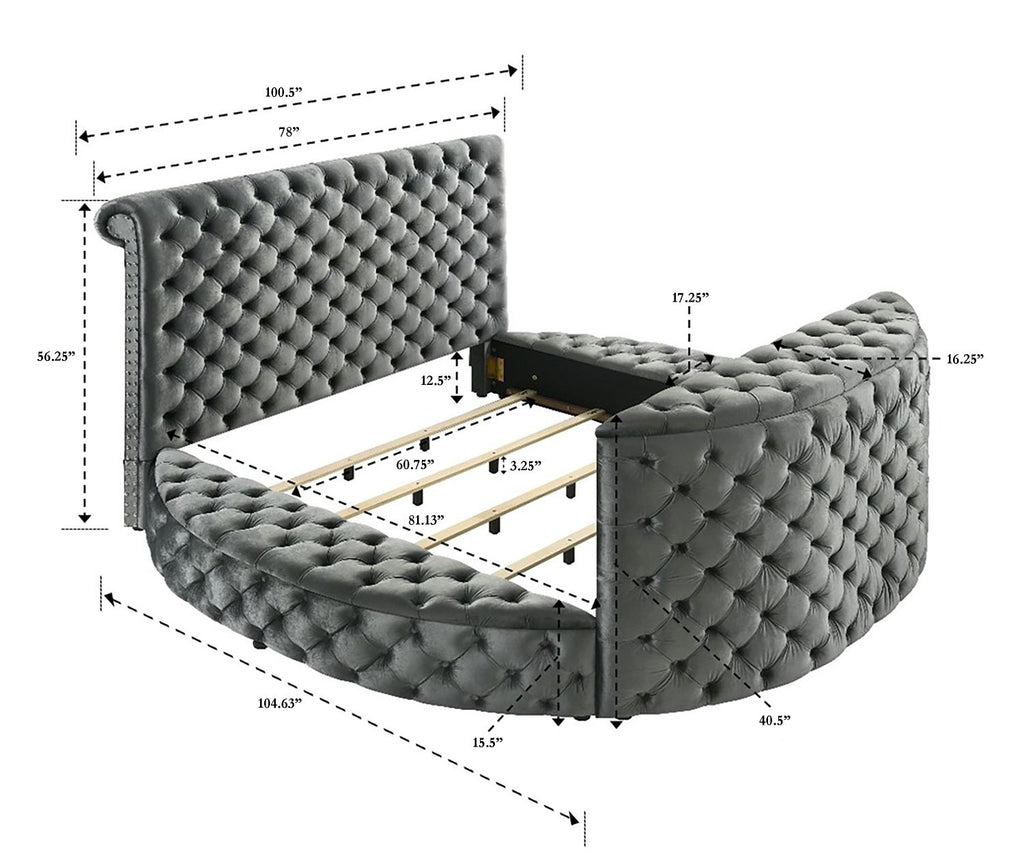 1pc Luxurious Queen Size Bed Deeply Tufted Headboard Nail Head Trim Upholstered Sumptuous Black Velvet Footboard w Integrated Television Lift Mechanism Built-in Electric Fireplace Storage Furniture
