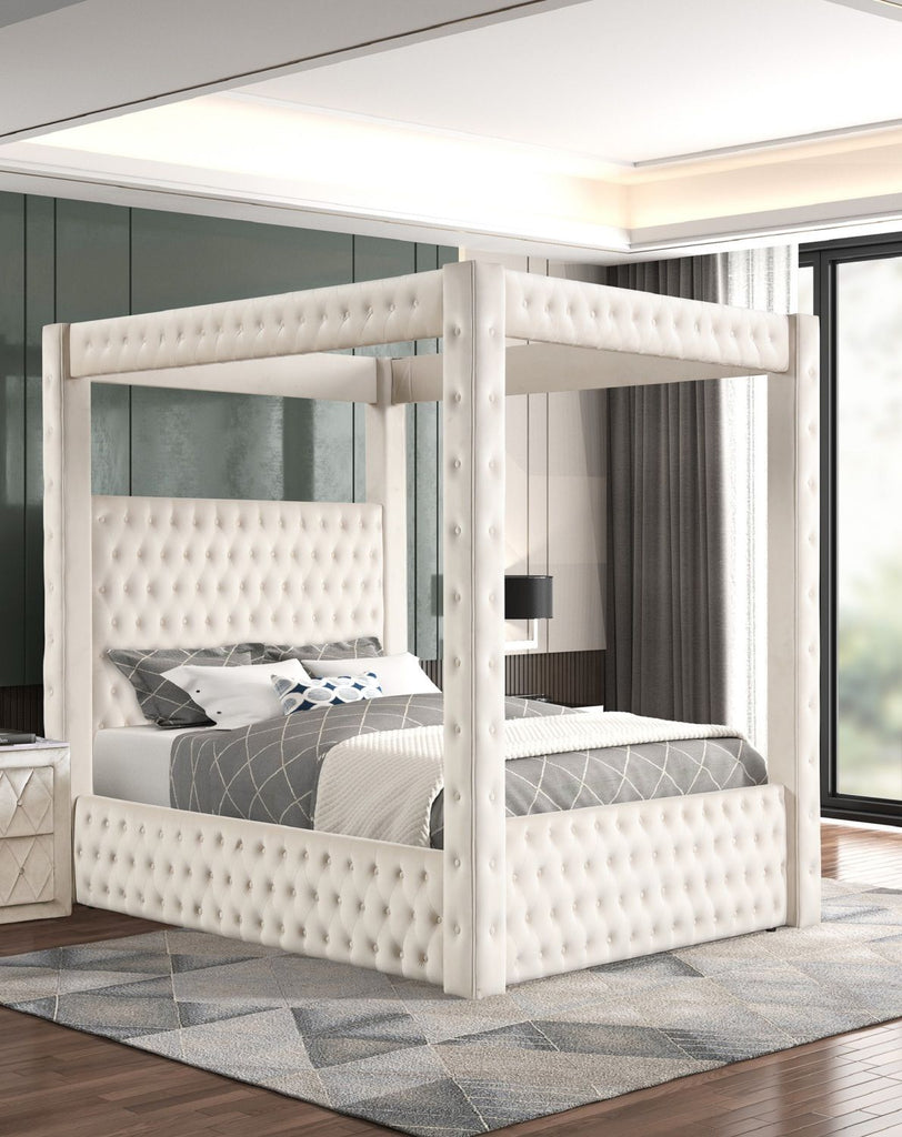 1pc Majestic Canopy Four-poster Queen Bed Tufted Headboard Footboard Ivory Rich Velvet Fabric Bedroom Furniture Modern