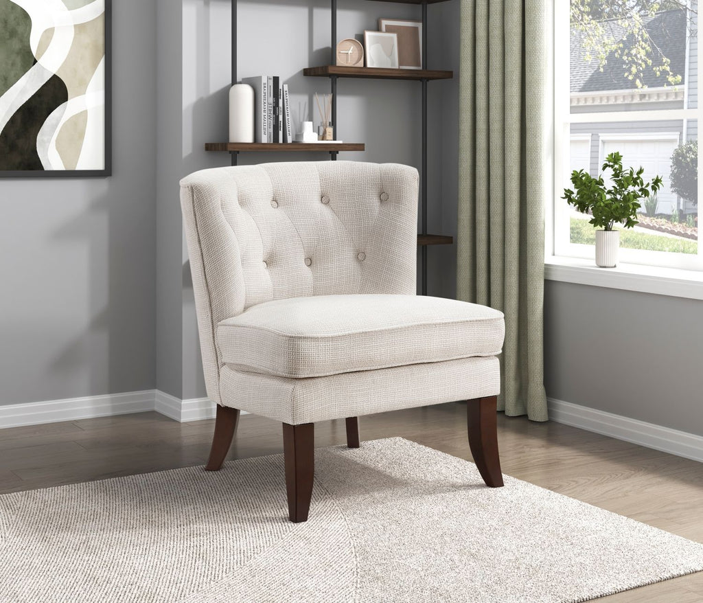 1pc Modern Beige Upholstery Button Tufted Accent Chair Solid Wood Legs Classic Living Room Furniture