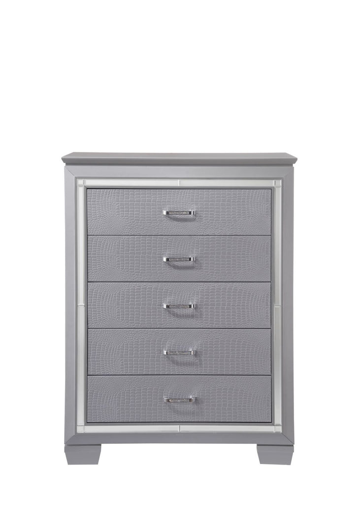 1pc Modern Five Drawer Tall Chest Mirror Accents Chrome Finish Hardware Faux Crystal Accent Silver Finish
