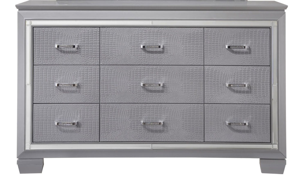 1pc Modern Nine Drawer Dresser Mirror Accents Chrome Finish Hardware Faux Crystal Accent Silver Finish