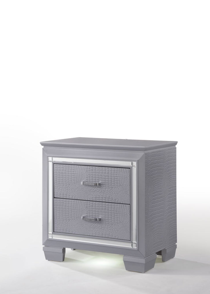 1pc Modern Two Drawer LED Lights Beveled Mirror Accents Chrome Finish Hardware Faux Crystal Accent Silver Finish