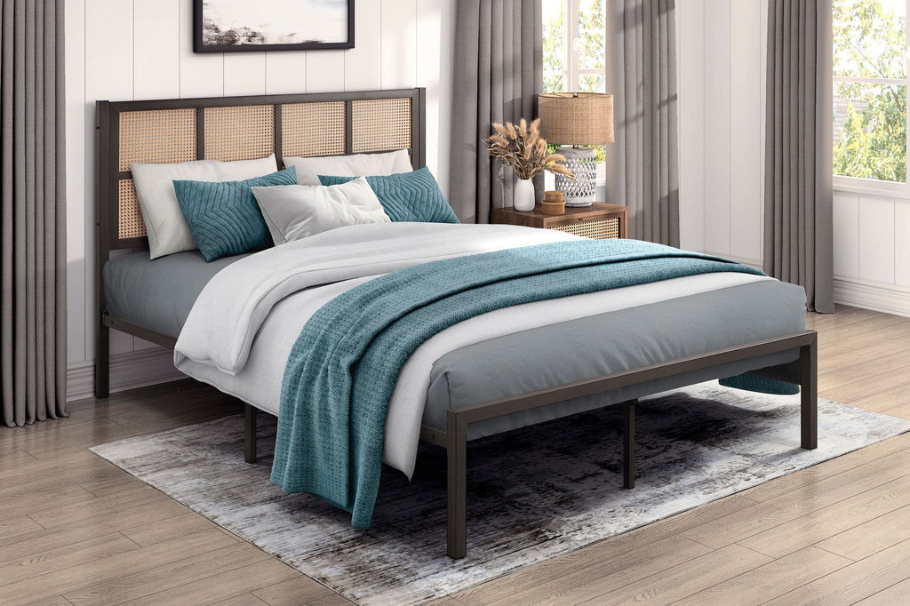 1pc Queen Platform Bed, Metal Frame Dark Bronze Finish Faux Cane Panel Headboard Casual Coastal Bedroom Furniture, Bed in a Box
