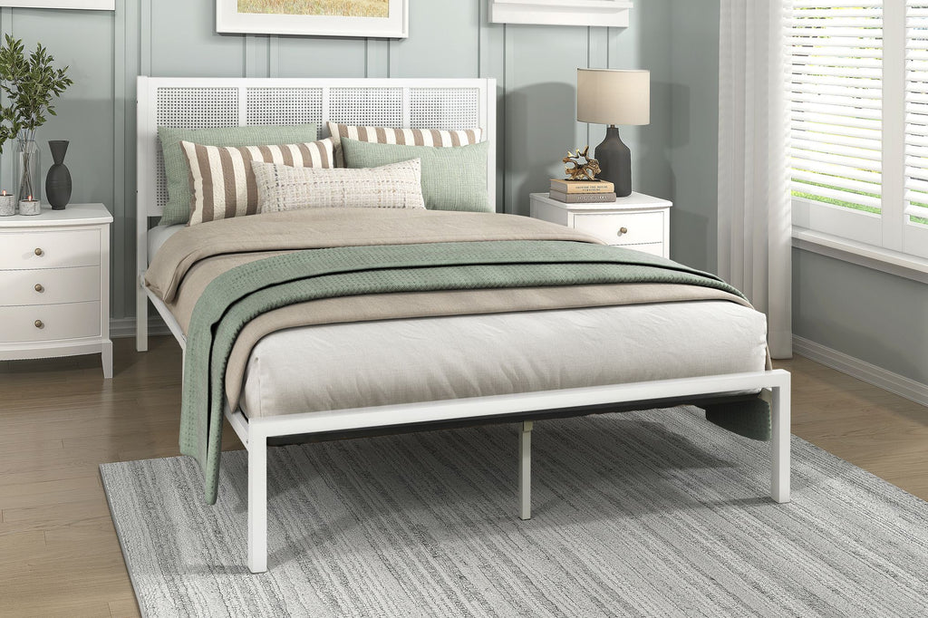 1pc Queen Platform Bed, Metal Frame White Finish Faux Cane Panel Headboard Casual Coastal Bedroom Furniture, Bed in a Box