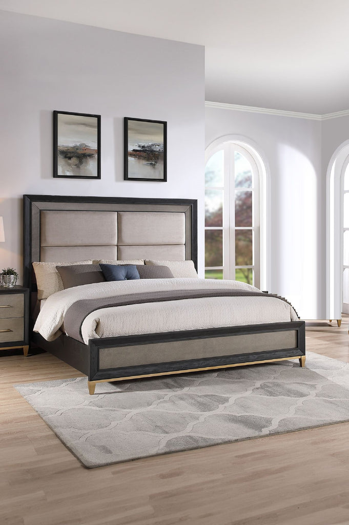 1pc Queen Size Panel Bed Upholstered Headboard Black Brown Finish Gold Finish Legs Solid Wood Wooden Bedroom Furniture