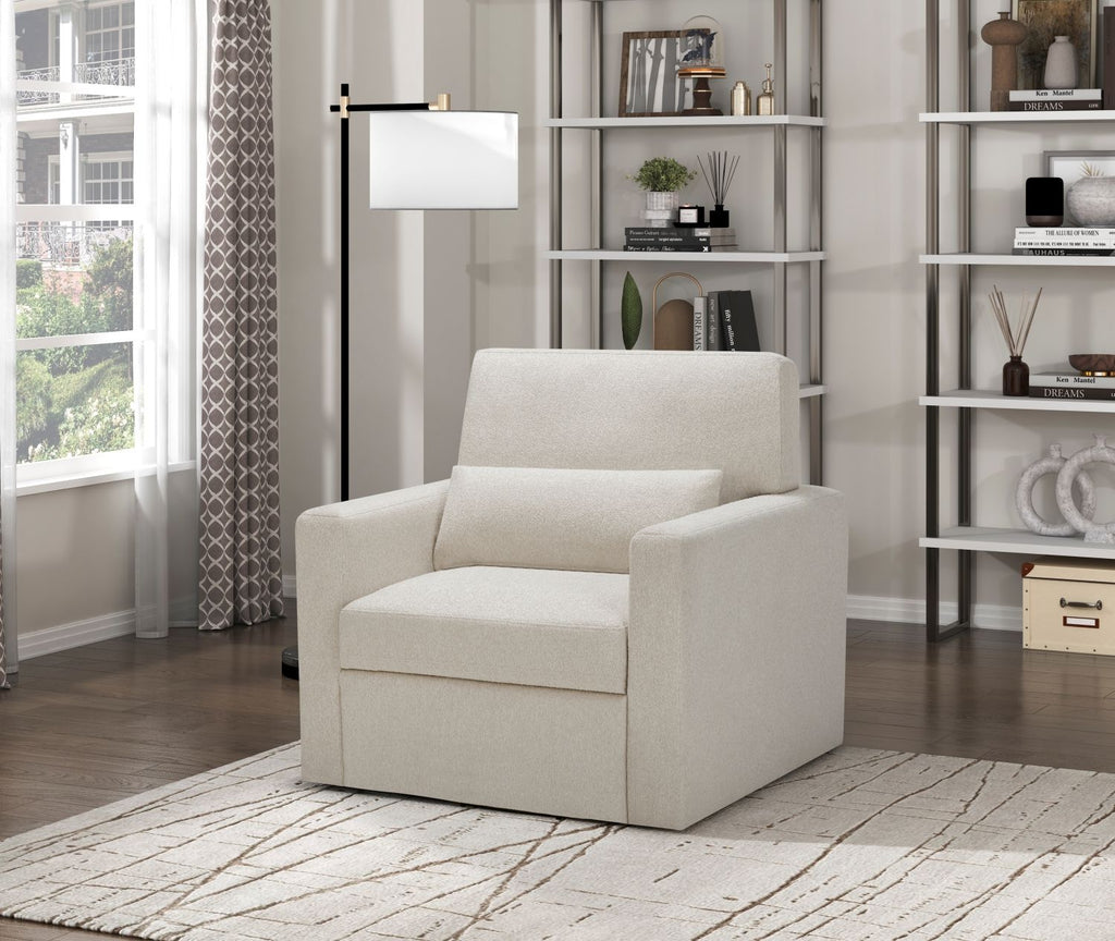 1pc Swivel Chair Plush Cushioned Seat Beige Boucle Upholstery Ergonomic Design Solid Wood Modern Home Furniture