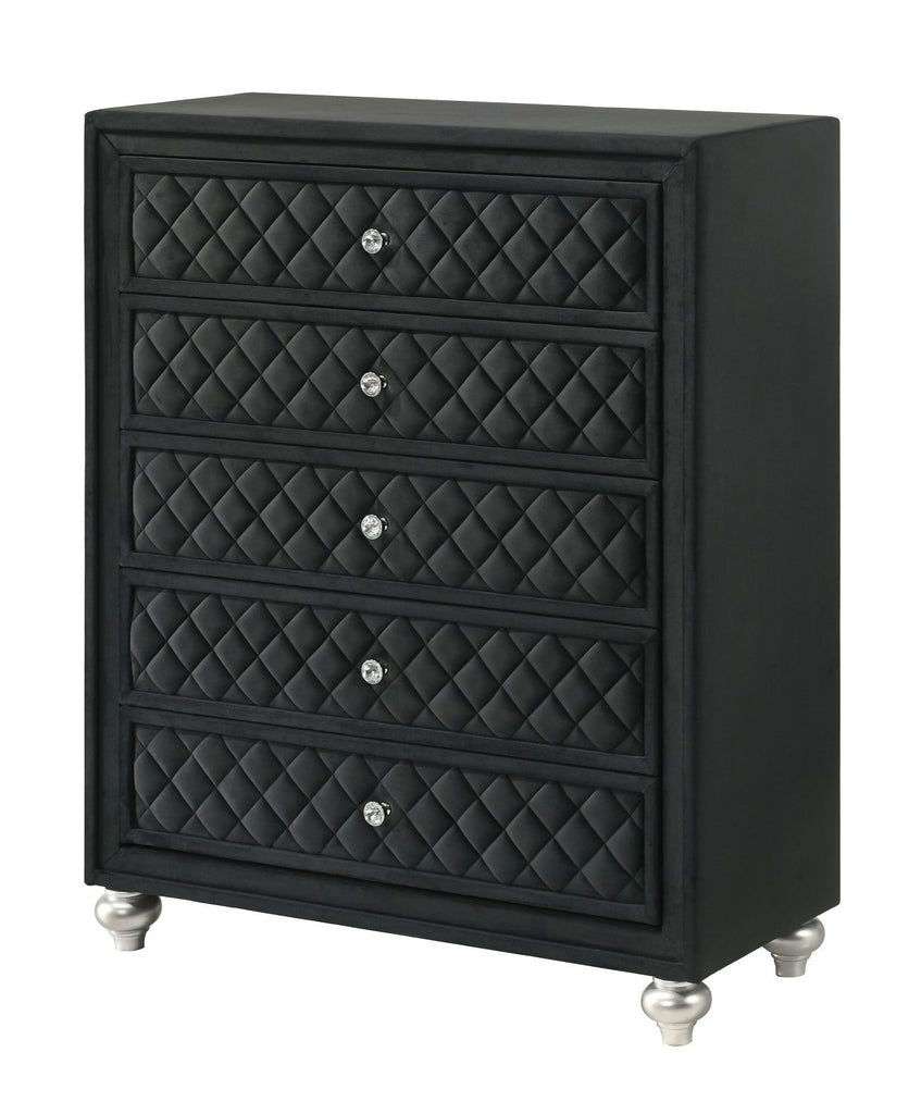 1pc Traditional Glam 5-Drawer Chest Velvet Tufted Drawer Front Faux Crystal Drawer Knobs Black