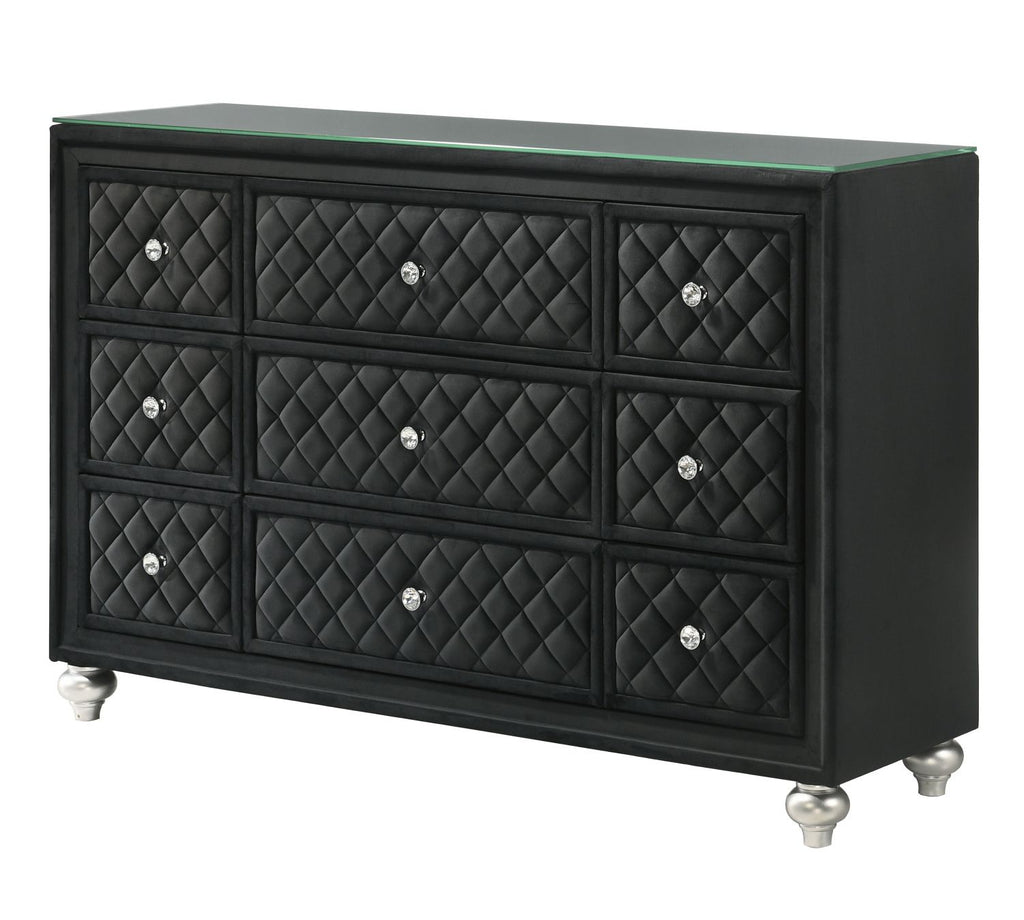 1pc Traditional Nine Drawers Velvet Tufted Drawer Fronts Faux Crystal Drawer Knobs Diamond-patterned Tufted Accents Black