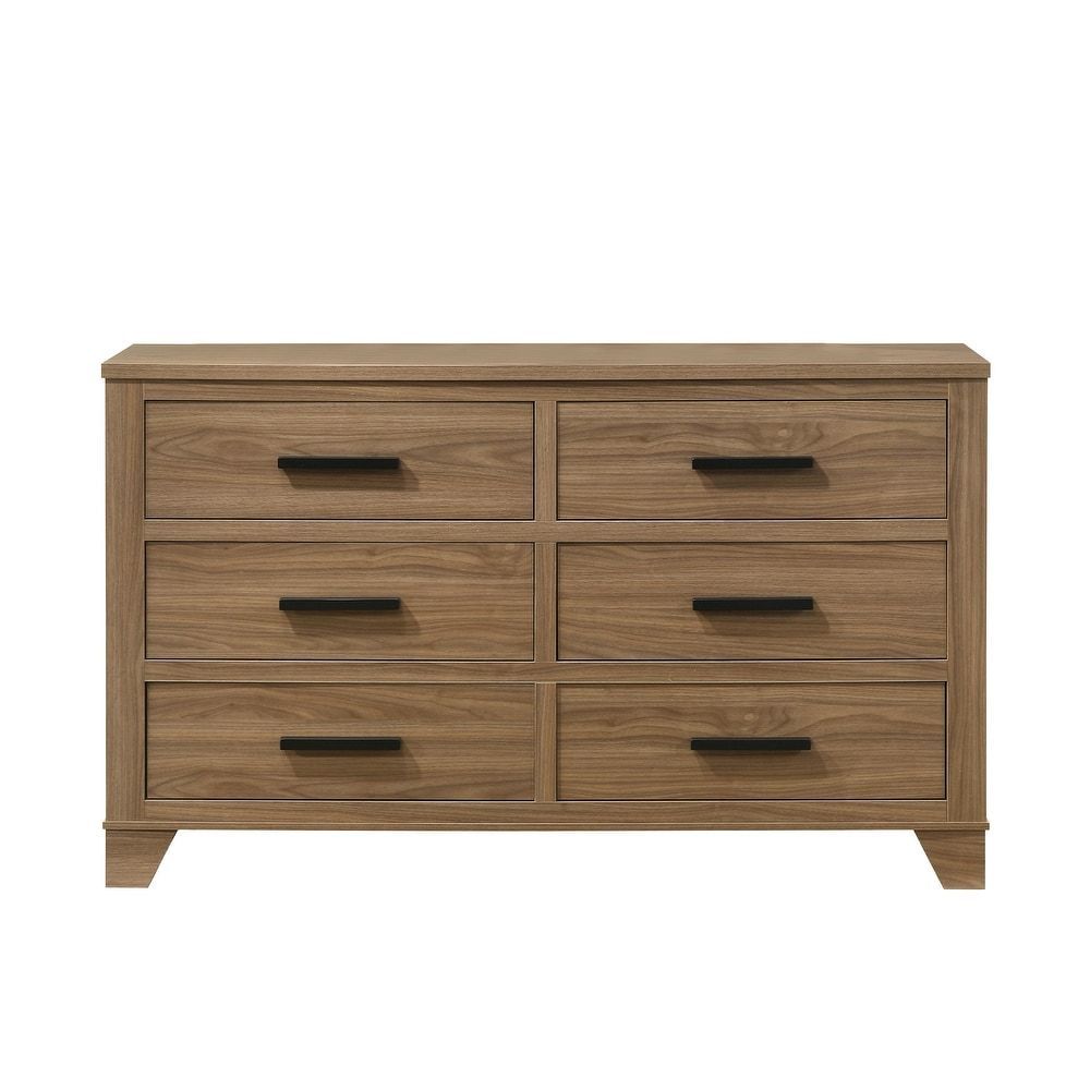 1pc Walnut Color Six Drawers Dresser Black Bar Pulls Transitional Style Bedroom Metal Center Glide