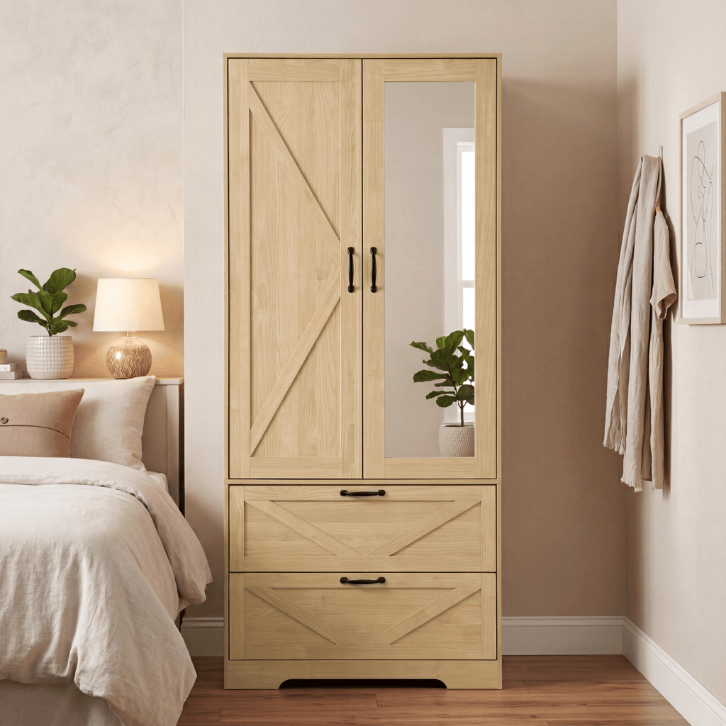 2 Door Wood Wardrobe for Bedroom with Hanging Clothing Rod inside the Cabinet and 2 Drawers for Storage Organization, Built-in induction light Multifunctional Closet with Mirror, Natural