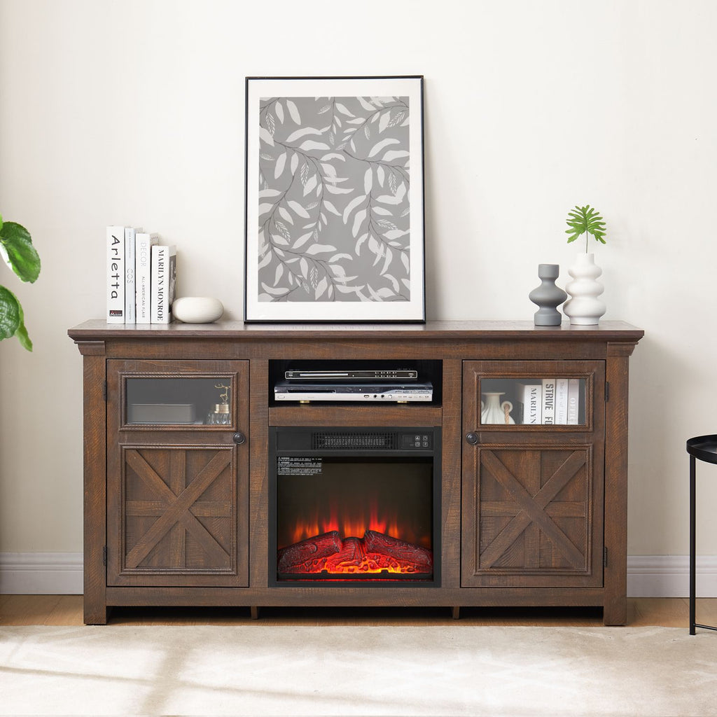 2 Doors Cabinet Farmhouse Cabinet, Farmhouse TV Stand Barn Design,Farmhouse TV Media Stand, Large Barn Inspired Home Entertainment Console with 18" fireplace insert,Espresso,60.23"W*15.35"D*31.7"H