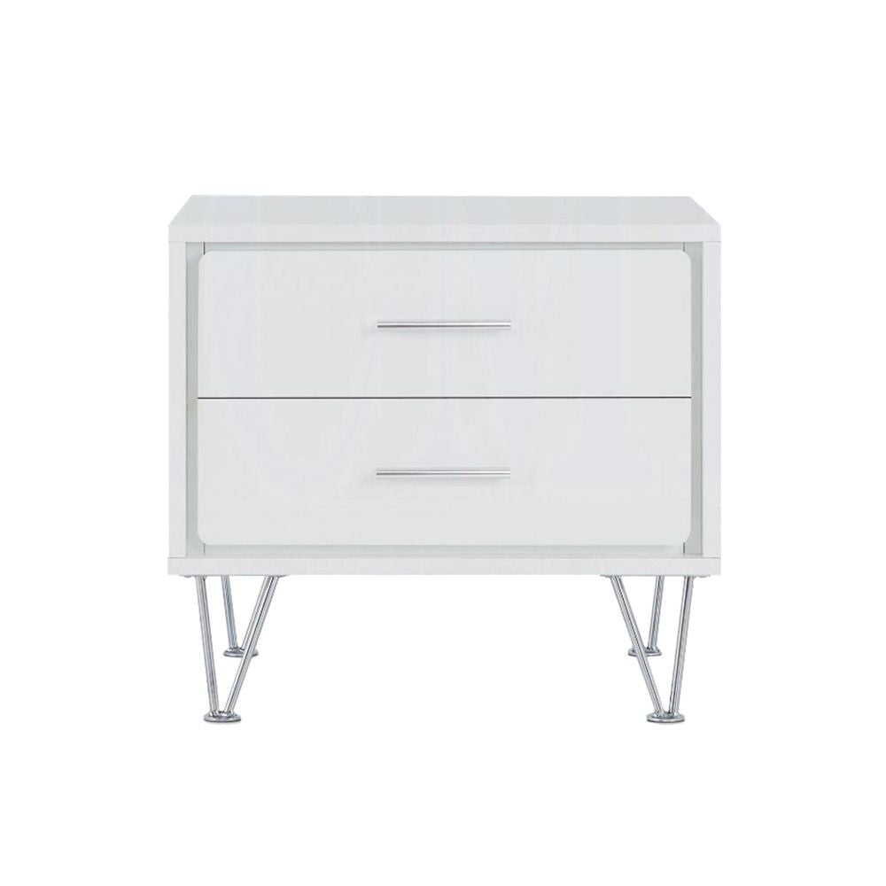 2 Drawers Nightstand with Metal Legs, White