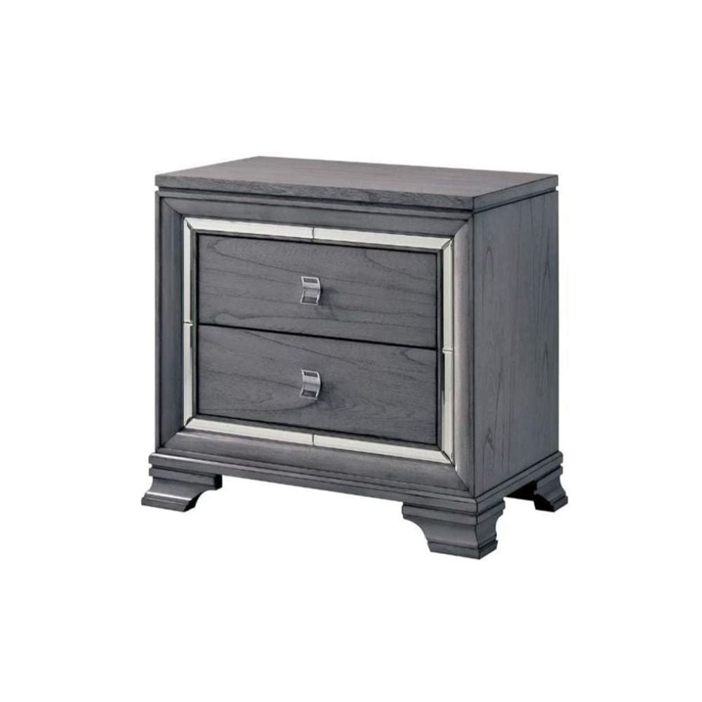 2 Drawers Wooden Nightstand with Mirror Trim, Light Gray