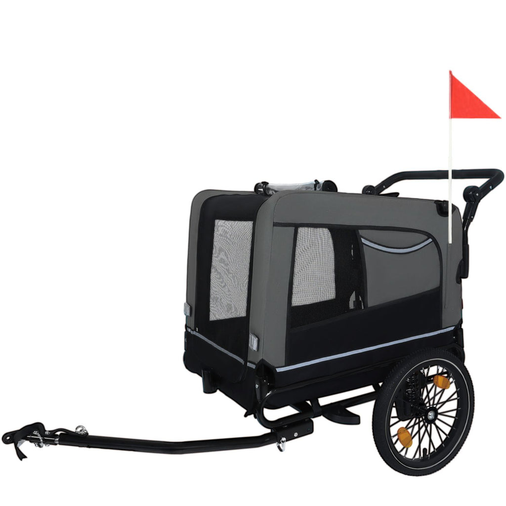 2-in-1 Bike Trailer & Push Cart for Pets - Detachable Bike Hitch & Push Handle Included - All-Terrain Wheels, Quick Release Wheel, Non-Slip Floor, Internal Leash, Holds Pets Up to 88 lbs, Black- Grey