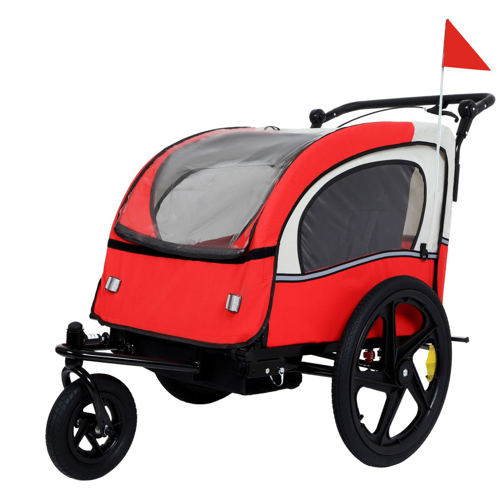 2-in-1 Double 2 Seat with 5-point safety harnesses Bicycle Bike Trailer Jogger Stroller for Kids Children Foldable Collapsible w/Pivot Front Wheel, Storage Bag